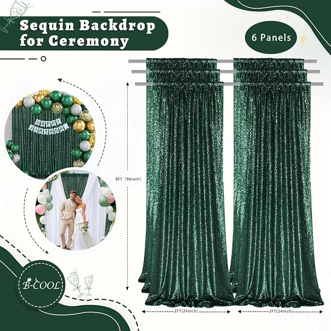 Emerald Green Sequin Curtains Backdrop 6 Pcs 2FTx8FT Shiny Shimmer Fabric | - Image 2