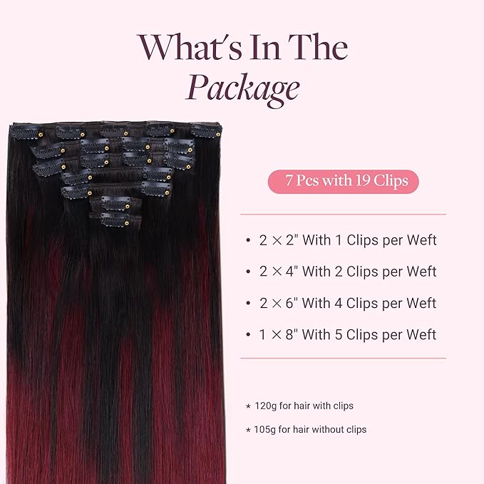 GOO GOO Clip in Hair Extensions Real Human Hair, Remy Human Hair Extensions Clip ins for Women, Natural Human Hair, 14inch 120g 7 Pcs, #1/99j Balayage Jet Black to Red