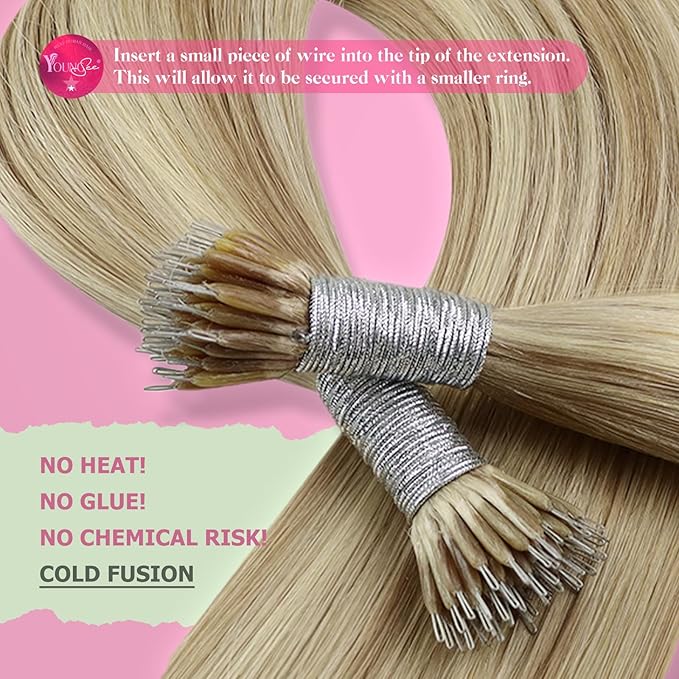 YoungSee Nano Ring Hair Extensions Blonde Nano Beads Hair Extensions Warm Ash Blonde Highlights Bleach Blond Nano-Ring Human Hair Extension 18Inch Nano-Tip Hair Extension 1g/s 50s 50g