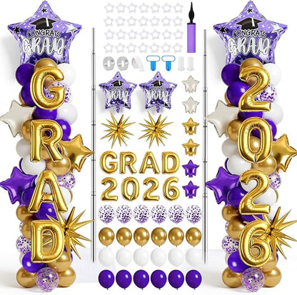 2 Set Adjustable Graduation Balloon Column Stand Kit Purple White Golden by EYNDYN