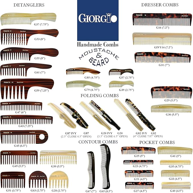 Giorgio G25 FineTooth and WideTooth Pocket Comb - Hair Styling Comb for Men and Women, Handmade Beard Combs for Men, Barber Combs, for Grooming,Saw Cut and Polished (Tortoiseshell)