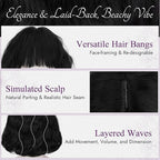 BARSDAR Short Wavy Black Wig with Bangs - Short Black Wavy Wigs for Women - Soft Synthetic Textured Curly Chic French Bob Wig with Face-Framing Bangs Natural Looking Daily Party Halloween