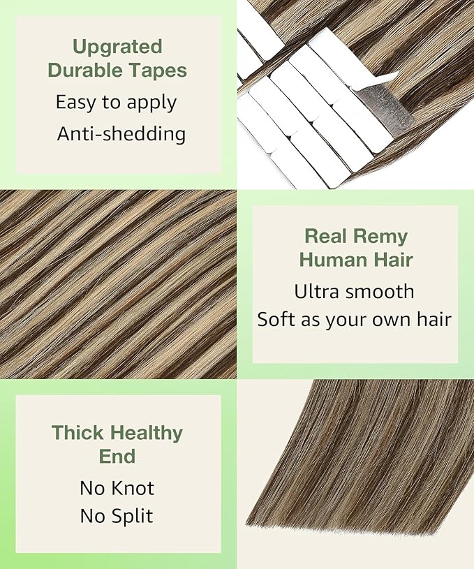 SURNEL Tape in Extensions Human Hair 22 inch Skin Weft Hair Extensions Color 4 Medium Brown Highlighted 27 Caramel Blonde Tape in Hair Extensions 20pcs 50g(#4P27-22)