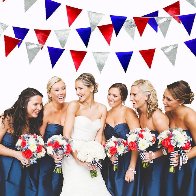 Red Blue Silver Party Decorations Metallic Fabric Triangle Pennant Banner Flag - Image 6