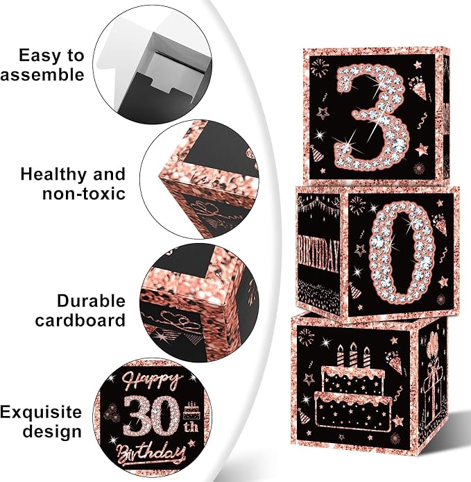 Eiurteao 3pcs Rose Gold 30th Birthday Decorations Boxes - Image 4