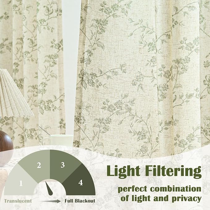 Green Vintage Floral Linen Curtains Farmhouse 38W X 90L 2 Panels | Elisa Series - Image 3