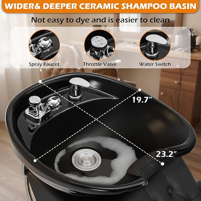 Shampoo Bowl Chair for Salon, Backwash Station Shampoo Sink with Tilting Ceramic Bowl Professional Salon Beauty Spa Barbershop Equipment