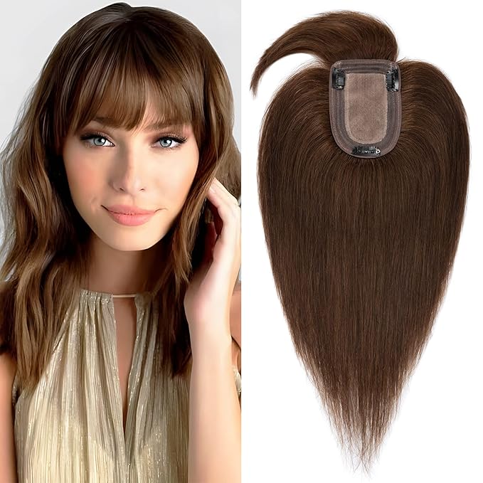 SEGO Hair Toppers for Women Real Human Hair with Thinning Hair, Toppers Hair Pieces Clip in Toppers Straight Hair Pieces with Front Bangs 150% Density Silk Base -14 Inch #4 Medium Brown