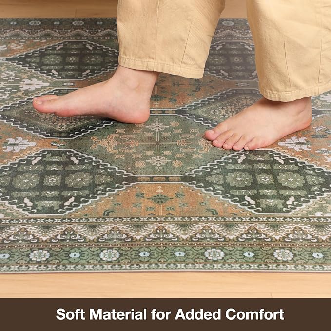 Floor Mat for Home 5×7ft, Easy Clean Plastic Rug-Like Pattern Area Mat for Living Room, Waterproof Vinyl Area Rug for Under Kitchen Table, No Slip Soft Vintage Rug for High Traffic Area (Green)
