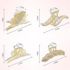 4Pcs Large Metal Hair Claw Clips with Rhinestones & Pearls, Non-Slip Waves-butterflies-leaves-bowknot Hair Clips for Thin and Thick Hair, Gold Sparkly Strong Hold Hair Claws for Women
