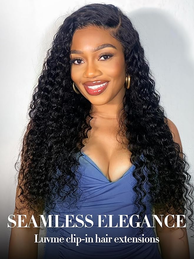 LUVME Hair Extensions Natural Black 30 Inch 135g 7pcs Real Human Hair Loose Deep Wavy Remy Clip in Human Hair Extensions Thick Hair