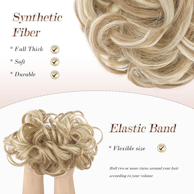 FESHFEN Messy Bun Hair Piece - Elastic Wavy Curly Hair Bun Scrunchies Extensions Synthetic Chignon Hairpieces for Women Girls, Dirty Blonde 1.5 oz