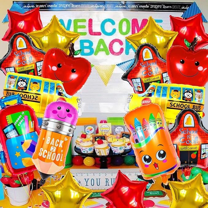 40 Pcs Back to School Foil Balloons, Colorful Apple Pencil Crayon Bus Helium - Image 2