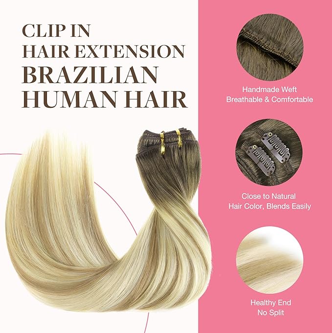 GOO GOO Clip in Hair Extensions Real Human Hair, Remy Human Hair Extensions Clip ins for Women, Natural Human Hair, 16inch 150g 9Pcs, 5A/90/16F Bahamian Balayage