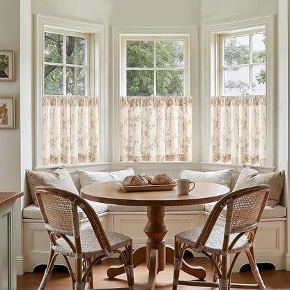 Taupe on Beige Linen Kitchen Curtains Rod Pocket 26W X 24L 2 Panels | Elisa - Image 3