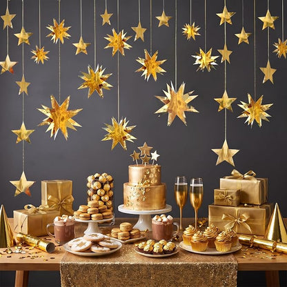 pinkblume Gold Party Decorations Star Garlands Streamer Gold 3D Stars Metallic - Image 5