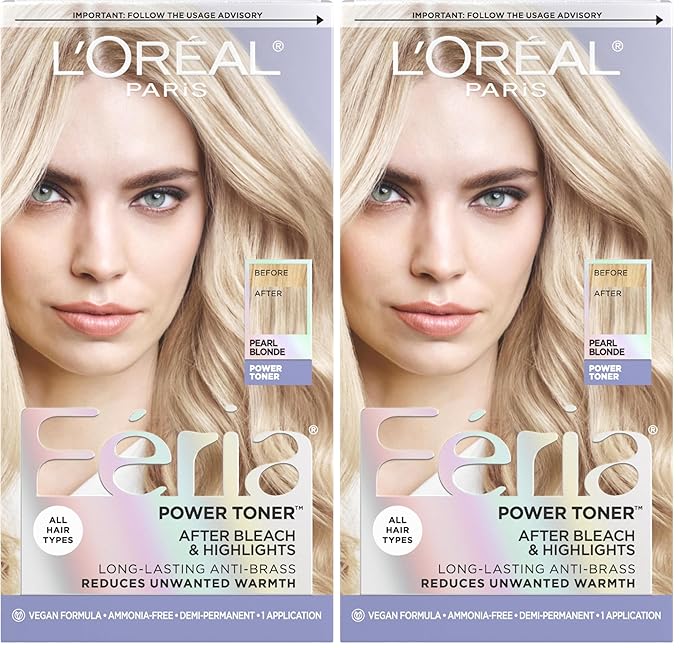 L'Oreal Paris Feria Long-Lasting Anti Brass Power Hair Toner, Ammonia Free Demi Permanent Hair Color, Pearl Blonde Hair Toner, 1 Application (Pack of 2)