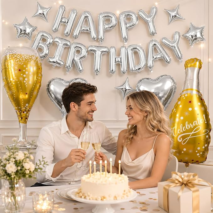 Silver Happy Birthday Balloons Banner, Champagne Bottle Glass Foil Balloon - Image 6