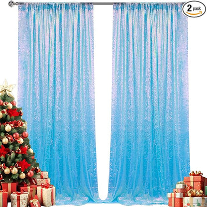 2×8FT-2PCS Mermaid Blue Sequin Backdrop Curtains Panels, Photography Backdrop by Pufogu