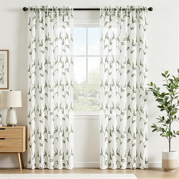 Sheer Curtains Boho Leaf Floral Embroidered Green 54Wx102L | Light Filtering - Image 2