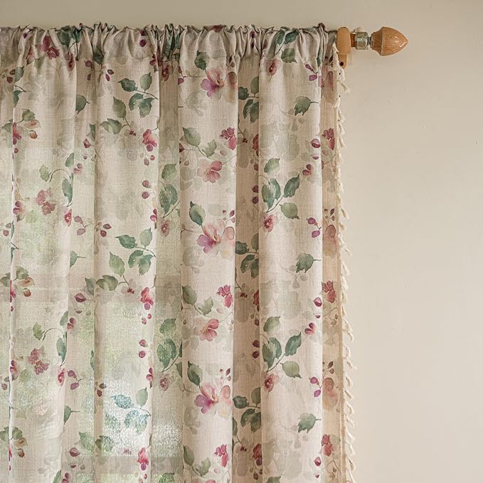 ENJOYBRIDAL Floral Curtains 96 Inch Long Living Room Semi Sheer Drapes 2 Panel - Image 2
