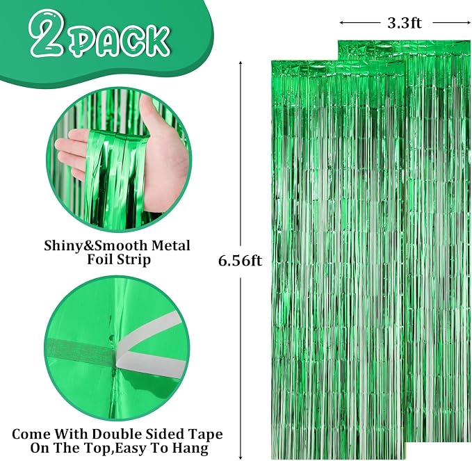 Voircoloria Green Foil Fringe Backdrop Curtains, 2 Pack | Tinsel Streamers - Image 2