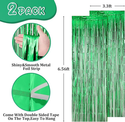 Voircoloria Green Foil Fringe Backdrop Curtains, 2 Pack | Tinsel Streamers - Image 2