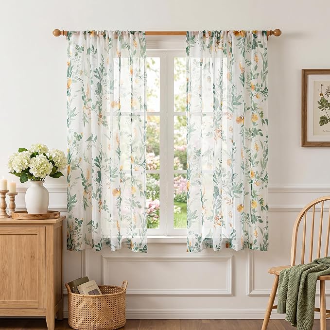 MYSKY HOME Green Floral Sheer Curtains 72 Inches Long 2 Panels - Image 2