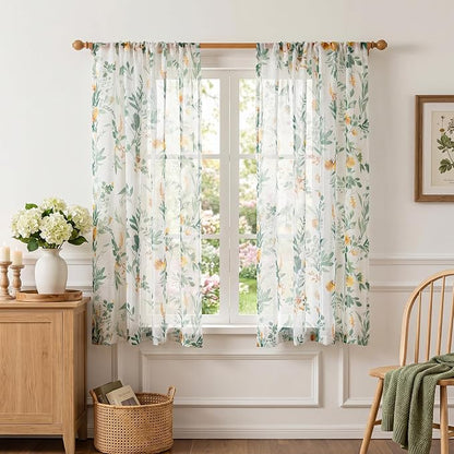 MYSKY HOME Green Floral Sheer Curtains 72 Inches Long 2 Panels - Image 2