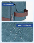 WANDF Toiletry Bag for Men Travel Toiletry Organizer Canvas and Leather Dopp Kit Water-Resistant Shaving Bag for Travel Accessories (Blue-Green, Large)
