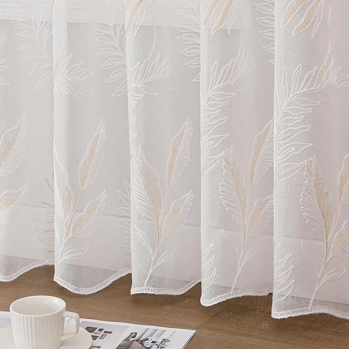 White Sheer Curtains Beige Embroidered Leaf 2 Panels 84 Inches | Light - Image 4