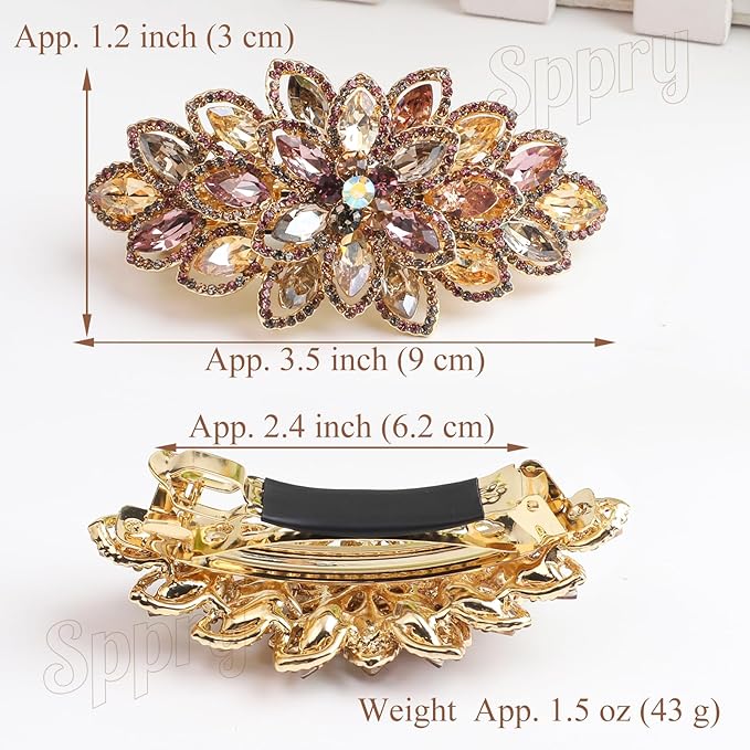 Luxury Gold-plated Rhinestone Hair Barrette for Women, Large Flower Jewelry Design (Navy)