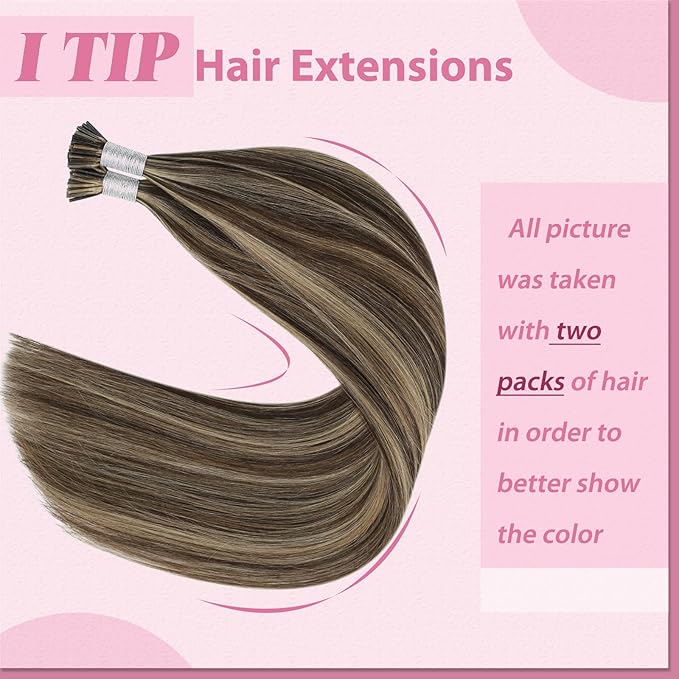 YoungSee I Tips Hair Extensions Brown Itip Hair Extensions Real Human Hair Highlight Dark Brown with Blonde Itip Hair Extension for Everyday Use 18 Inch 50g 60s