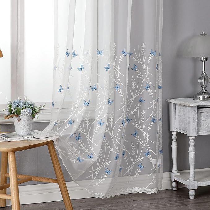 White Sheer Voile Curtains White Embossed Butterflies 72 Inches | Light by VISIONTEX