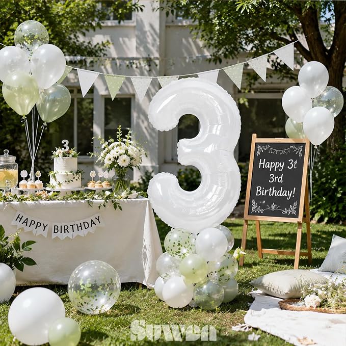SUWEN 40 Inch White Large 3 Balloon Number Big Foil Helium Numbers 0-9 | Giant - Image 3