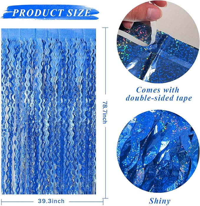 Blue Backdrop Wavy Tinsel Foil Fringe Curtains - Image 2