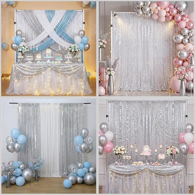 Silver Sequin Backdrop Curtains 2 Pcs 5ftx8ft Sparkle Backdrop Drapes | Glitter - Image 2