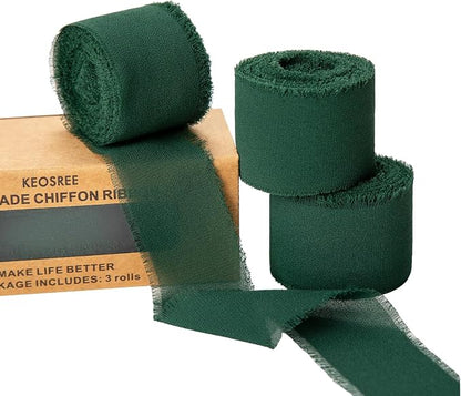 KEOSREE 3 Rolls Dark Green Handmade Chiffon Ribbon, 1.5" x21Yd | Frayed Fringe by KEOSREE