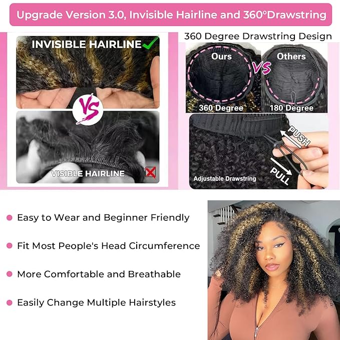 Kinky Curly Half Wig Human Hair Drawstring Balayage Highlight Ombre No Lace Glueless Wear Go Wig Drawstring Invisible Hairline Beginner Friendly For Women Flip Over Clip In 250% Density 18Inch