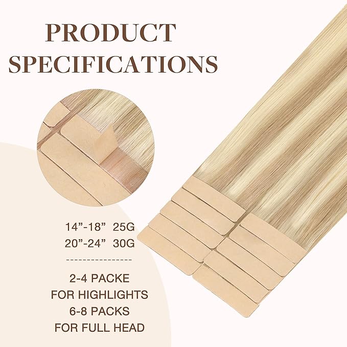 GOO GOO Tape in Hair Extensions Human Hair, 18A/613A Dark Blonde Highlighted Bleach Blonde, 24inch 30g 10pcs, Skin Weft Seamless Invisible, Silky Straight with Thick Ends, Remy Human Hair