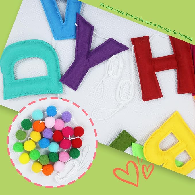 Pre-Strung 3D Felt Happy Birthday Banner, Rainbow Birthday Decoration | Reusable - Image 4