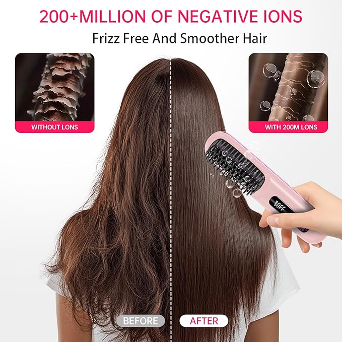 Cordless Hair Straightener Brush for Travel, 200 Million Negative Ionic Portable Hair Straightener Comb for Women with LED Display & 3 Temps, 30s Fast Heating USB Charging Smooth Frizz(Pink