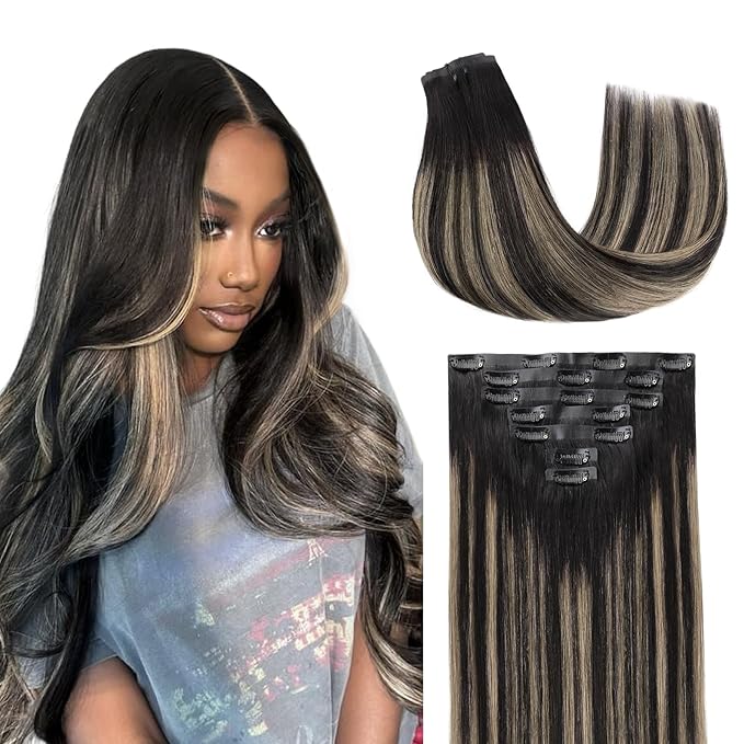 Lashey Seamless Clip in Hair Extensions Human Hair, 110g 7pcs Straight Balayage Natural Black to Light Blonde Highlighted Clip in Hair Extensions for Black Women 16 Inch