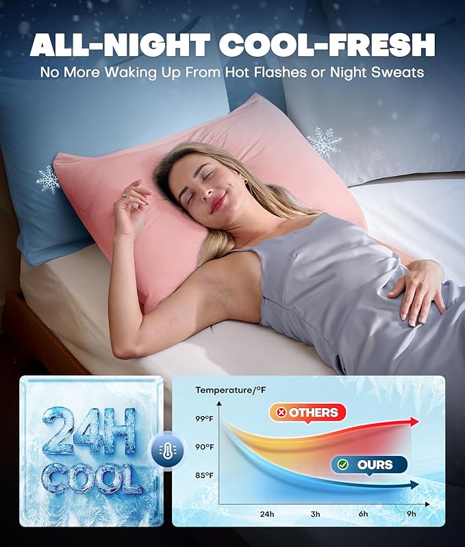 Ultra-Chill Cooling Pillowcase Set of 2 for Hot Sleepers, Softer Than Silk Pillow Cases for Protecting Hair & Skin, Breathable Bed Pillow Covers w/Zipper, Gifts for Women & Men (Pink, King)