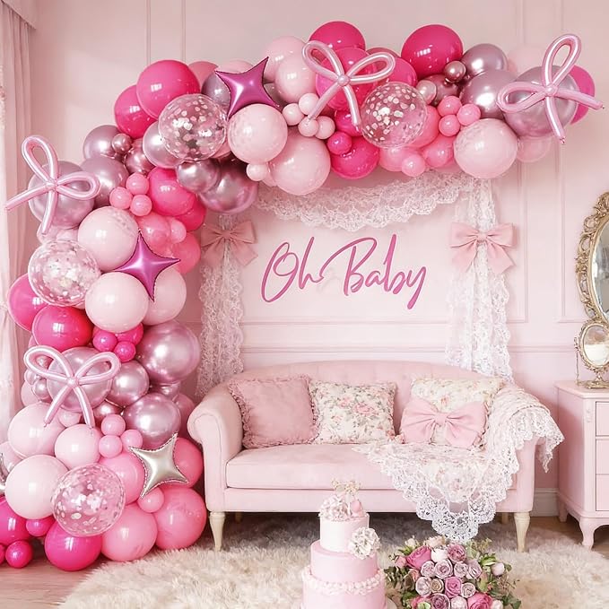 Hot Pink Balloons Garland Arch Kit, Metallic Chrome Magenta Balloon Happy by Jobkoo