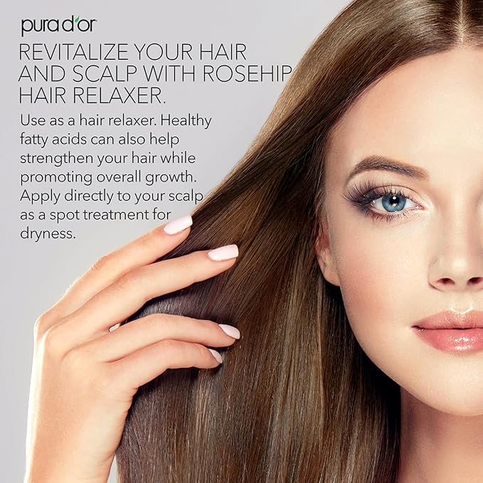PURA D'OR ORGANIC Rosehip Seed Oil Hair Relaxer (4 Oz x3 = 12 Oz) 100% Pure Cold Pressed USDA Certified All Natural Anti-Aging, Scar Treatment, Gua Sha Massage, Face, Hair & Skin - Women & Men