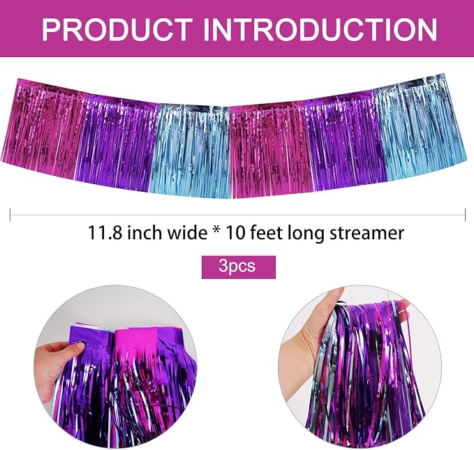 BEISHIDA Blue Purple Pink Fringe Garland Banner Wall Tinsel Foil Streamers | - Image 3