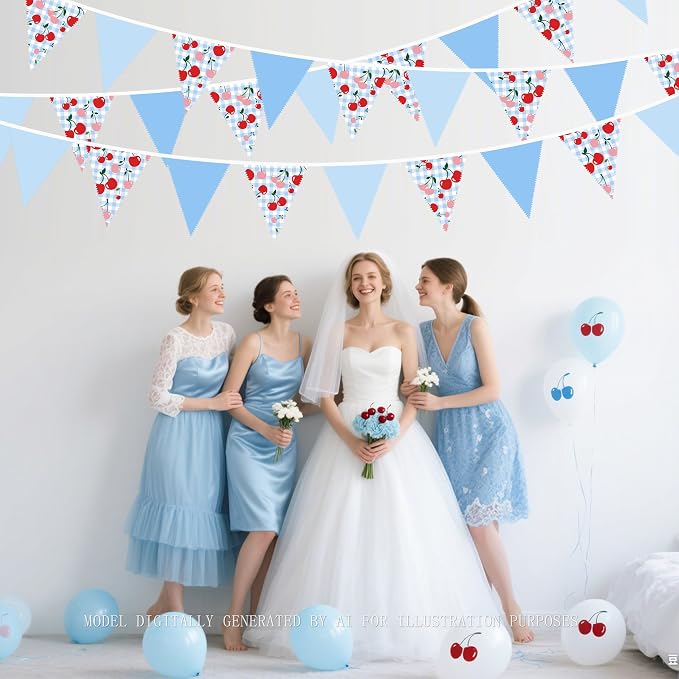 32Ft Blue Gingham Cheery Pennant Banner Fabric Triangle Flag Garland Streamers - Image 5