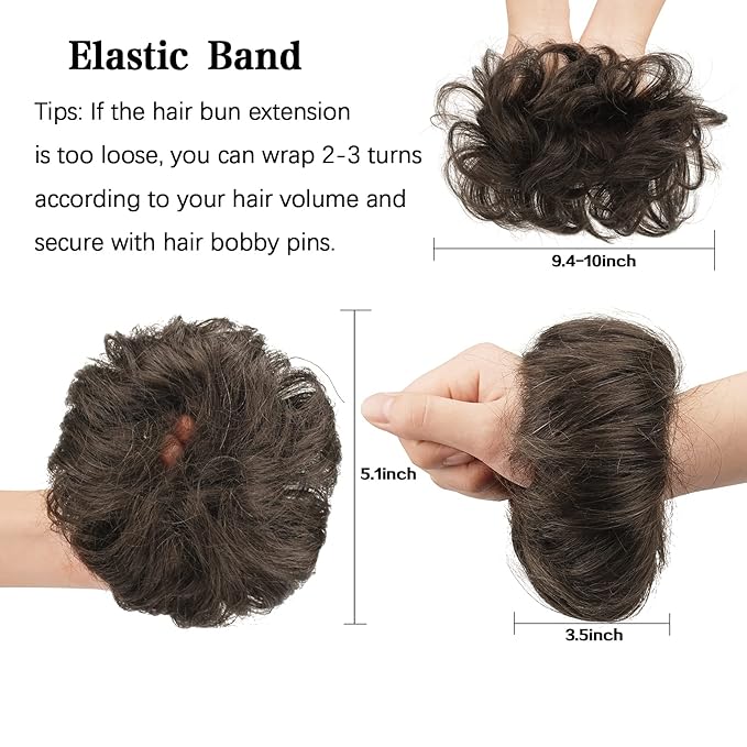 FESHFEN Human Messy Buns - 100% Human Hair Bun Real Scrunchies Hair Pieces Ponytail Extensions Wavy Tousled Updo Chignon Hairpieces for Women, Dark Brown