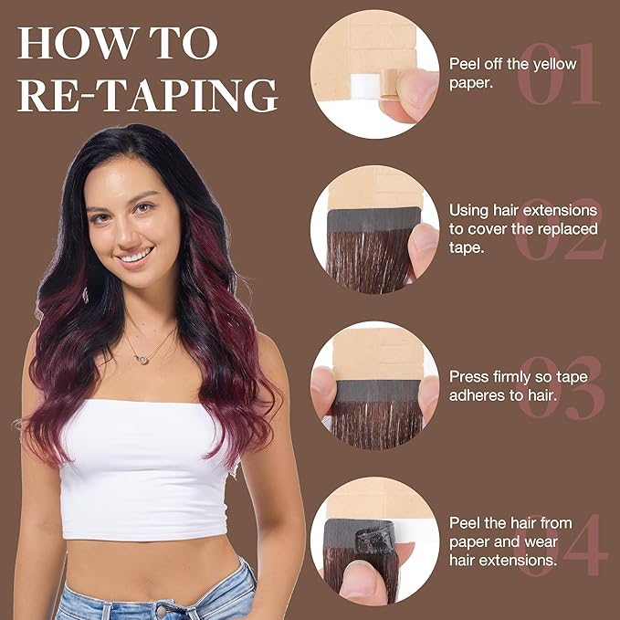 GOO GOO Tape in Hair Extensions Human Hair, 1/99 Balayage Jet Black to Red, 20inch 50g 20pcs, Thick Ends Straight Seamless, Invisible Tape in Hair Extensions